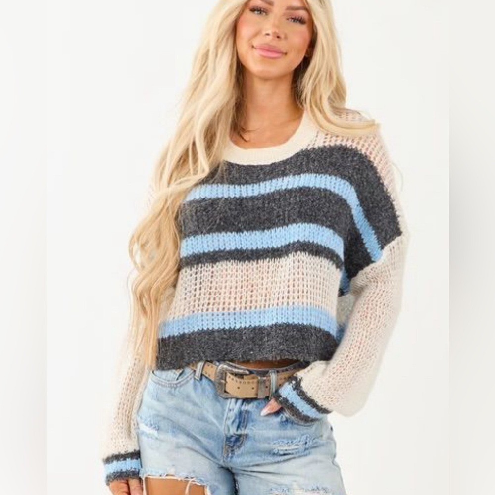 Kimchi Blue Cropped Indie Sweater Womens M Cream Blue Striped Open Knit Boho